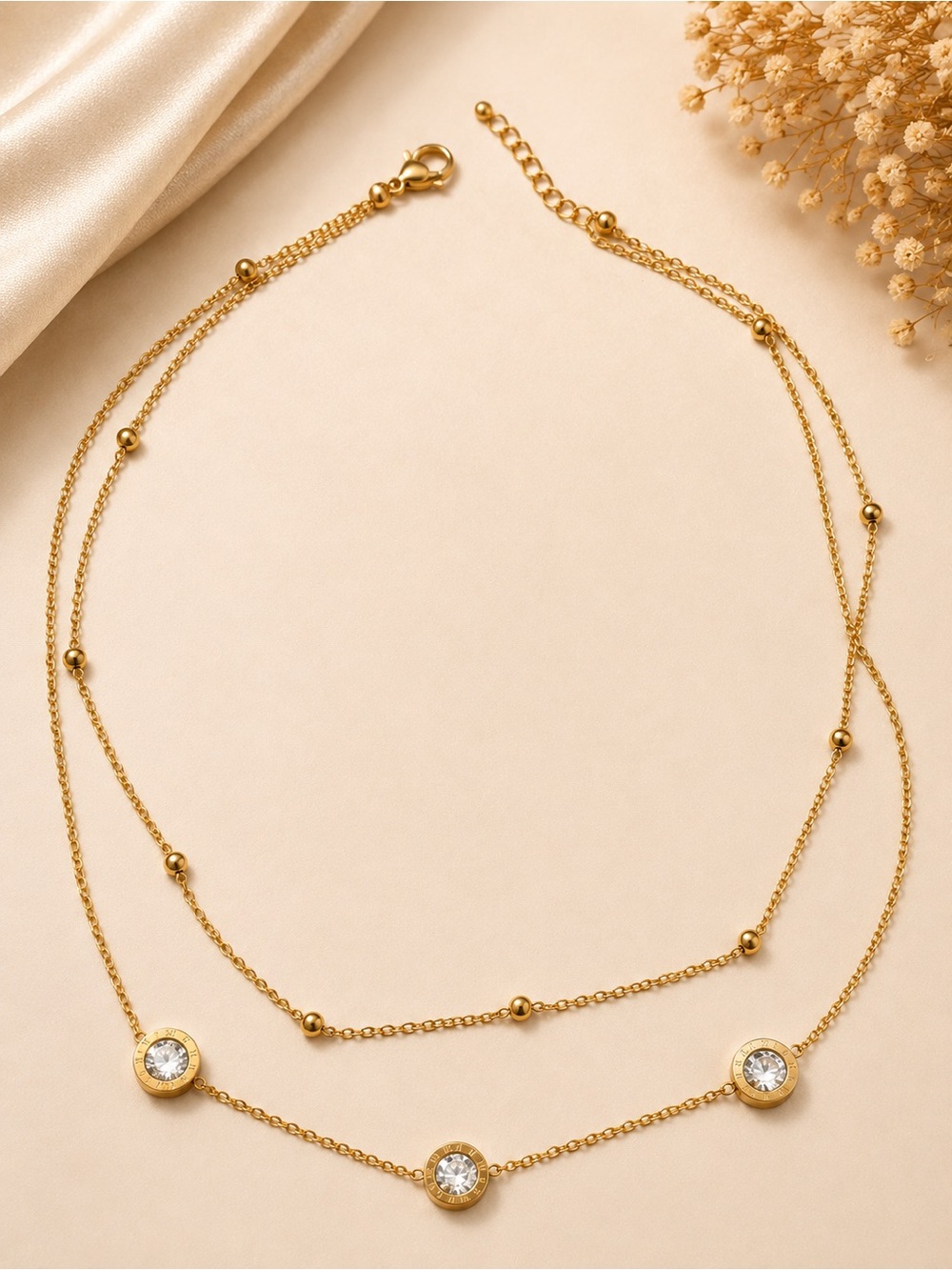 18k Gold Plated Layered Necklace with Crystal Accents - Stainless Steel
